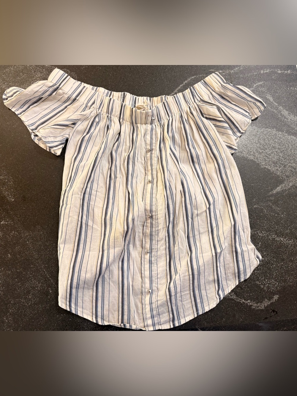 Striped Off-Shoulder Button-Front Blouse in Blue and White